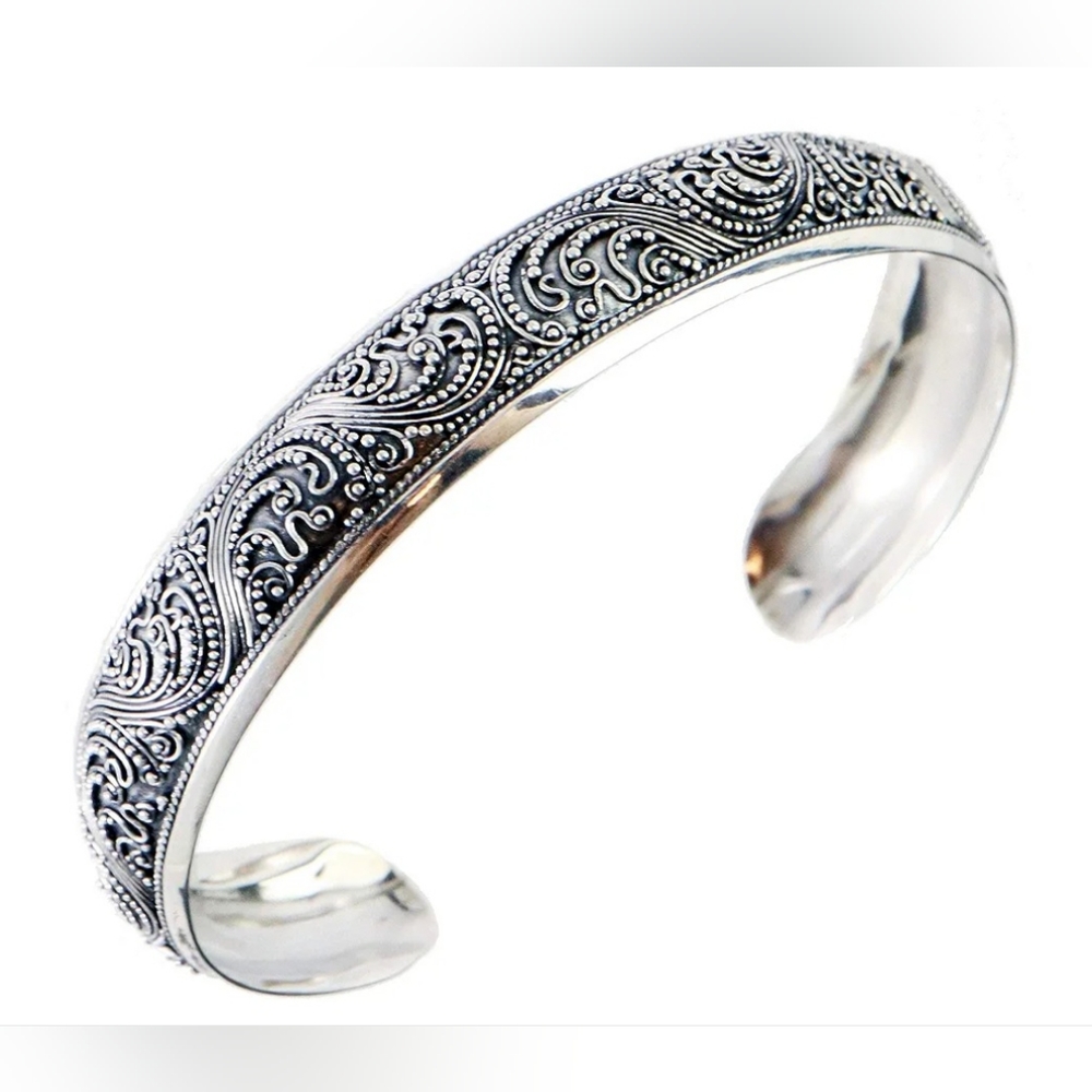 JACKIEDESIGN Bali Pure 925 Cuff Bracelet 7.25"  Intricate Curling Wave Pattern